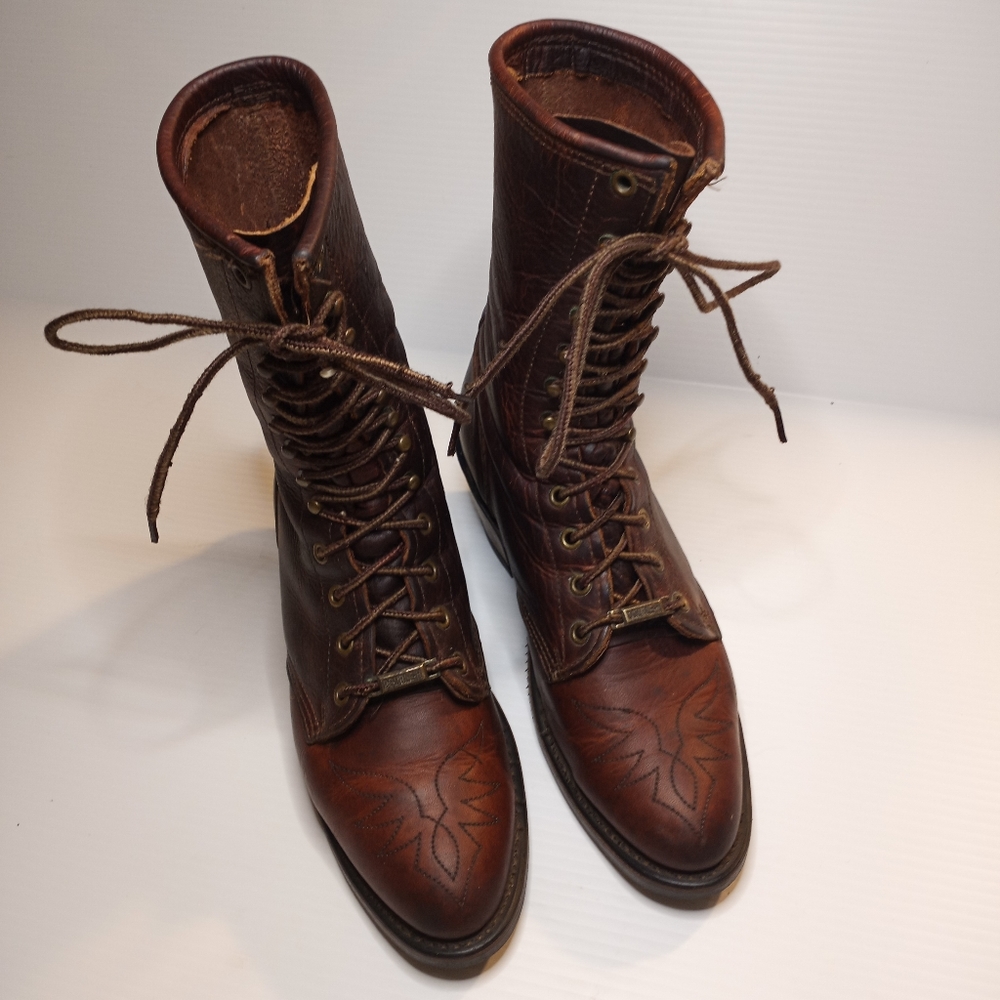 Vintage DOUBLE H Leather Boots Sz 8 D Brown Mens Packer Lace up logger